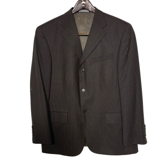 Oscar de la Renta Perfect Press 100% Wool Pinstripe 3 Button Blazer Brown Sz 40S - Picture 1 of 8